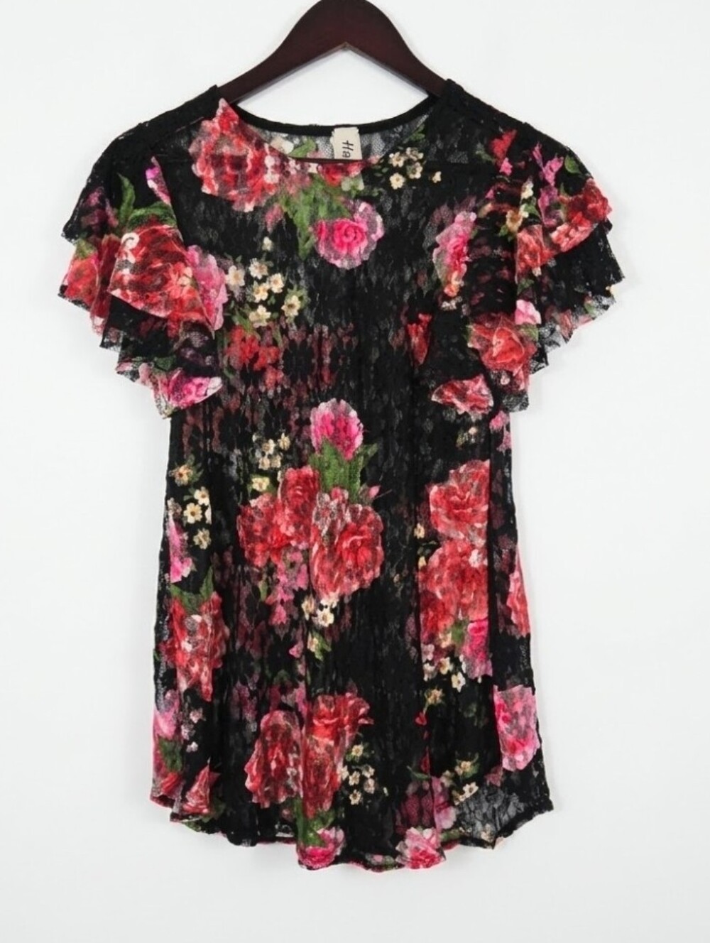 Haptics see through black ruffle sleeve floral top